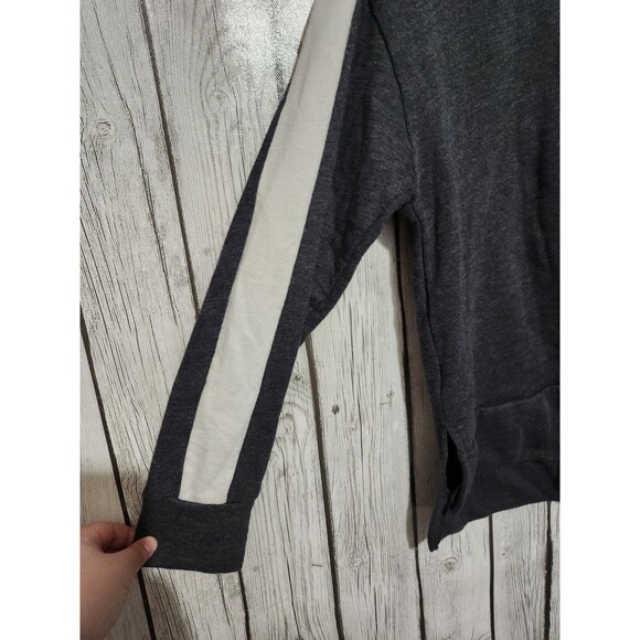 Victoria's Secret PINK Hoodie XS Logo Gray White Stripe Lace Up Neckline Slits - Picture 3 of 9